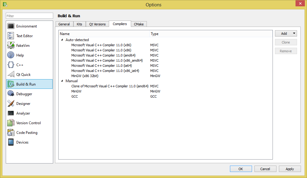 Resim 1: Qt Creator Bıild & Run, Compilers sekmesi