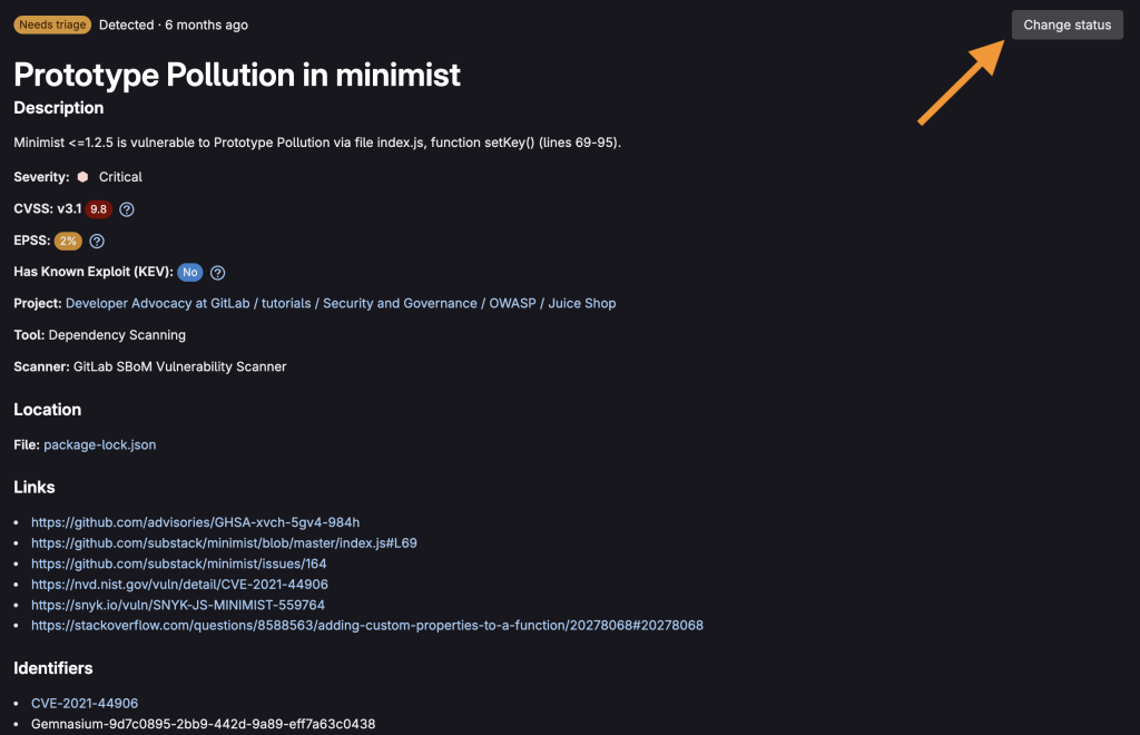 GitLab Insights sayfasından güvenlik açığı durumunu değiştirme