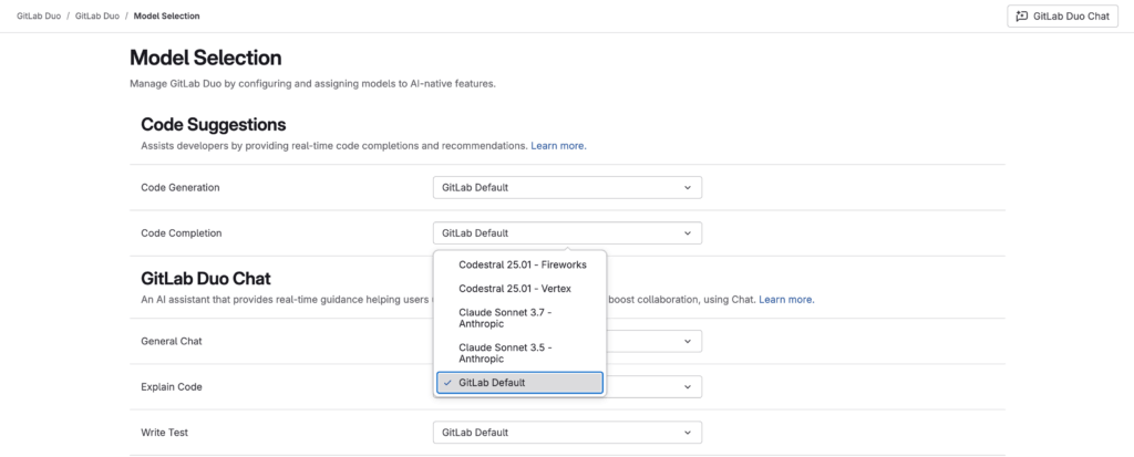 Gitlab Duo model seçimi